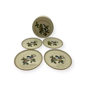 Coaster Set w/Case Otagiri Cream (4) Christmas Birds Holly Berries Lacquered Vtg